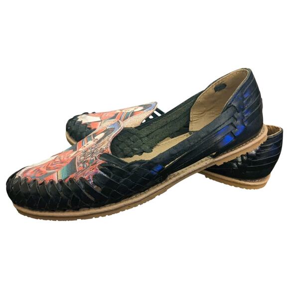 Frida Kahlo Shoes 7 Black Woven Leather Segura Shy Huaraches Artsy Boho Slip Ons - Picture 3 of 9